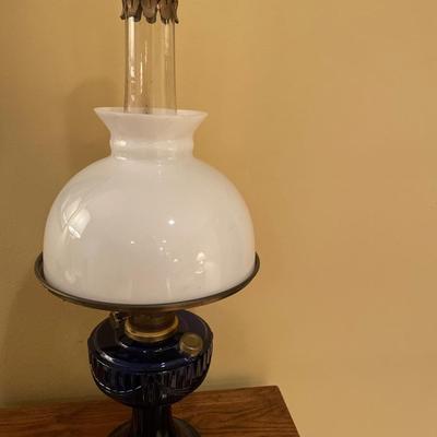 Cobalt blue Aladdin oil lamp with white shade
