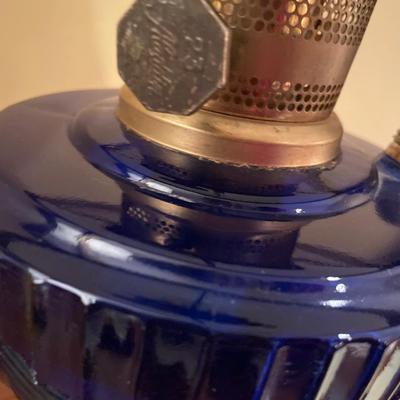 Cobalt blue Aladdin oil lamp with white shade