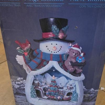 Large Lighted Holiday Snowman with Rotating Train — Boxed, Adapter Included (Music NOT Working) NO SHIPPING ON THIS ITEM
