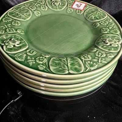 Vintage Bordallo Pinheiro Portugal Frog Lily Leaf Majolica Plates Set of 5 | Embossed Green Earthenware Salad Plates 8" |...