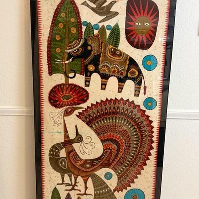 Mid Century Folk Art Batik by Vipula Dharmawardena in plexiglass frame