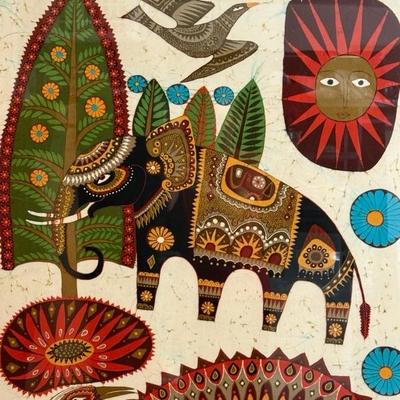 Mid Century Folk Art Batik by Vipula Dharmawardena in plexiglass frame