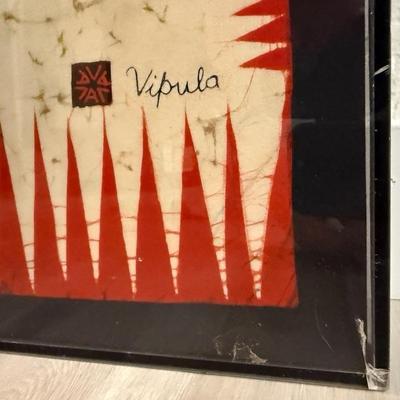 Mid Century Folk Art Batik by Vipula Dharmawardena in plexiglass frame
