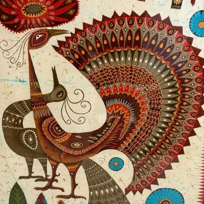 Mid Century Folk Art Batik by Vipula Dharmawardena in plexiglass frame