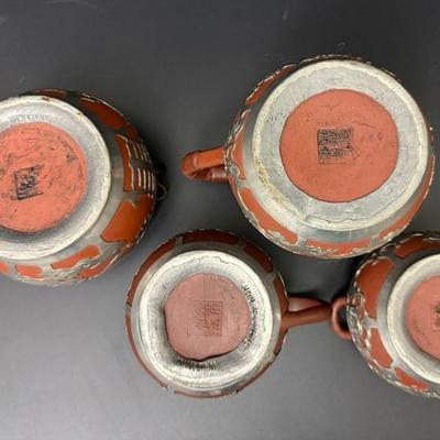 Antique Chinese Yixing Teapot Set of 4 - Unglazed Stoneware & Pewter Dragons