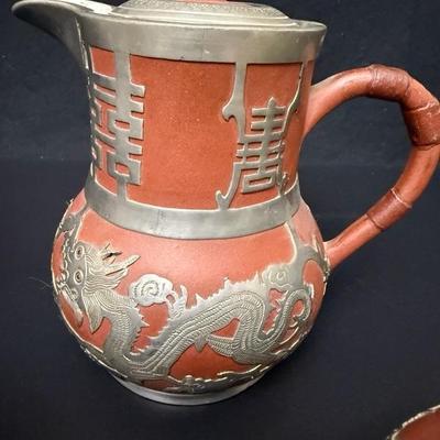 Antique Chinese Yixing Teapot Set of 4 - Unglazed Stoneware & Pewter Dragons