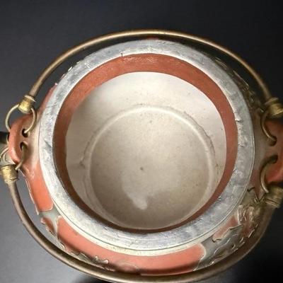 Antique Chinese Yixing Teapot Set of 4 - Unglazed Stoneware & Pewter Dragons