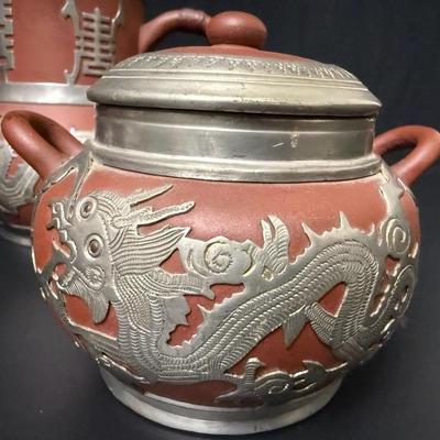 Antique Chinese Yixing Teapot Set of 4 - Unglazed Stoneware & Pewter Dragons