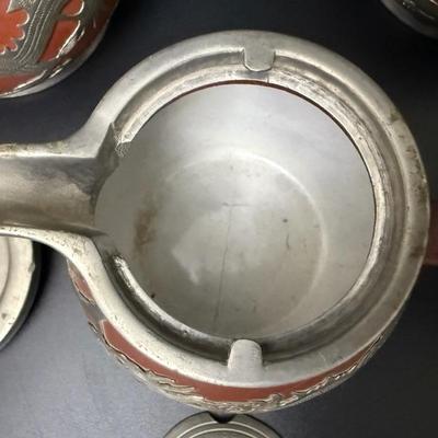 Antique Chinese Yixing Teapot Set of 4 - Unglazed Stoneware & Pewter Dragons