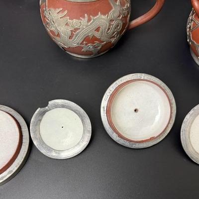 Antique Chinese Yixing Teapot Set of 4 - Unglazed Stoneware & Pewter Dragons
