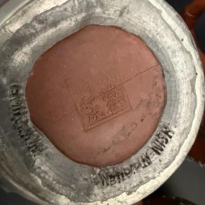 Antique Chinese Yixing Teapot Set of 4 - Unglazed Stoneware & Pewter Dragons