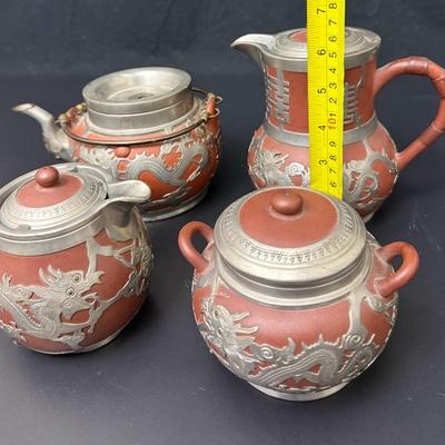 Antique Chinese Yixing Teapot Set of 4 - Unglazed Stoneware & Pewter Dragons