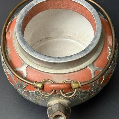 Antique Chinese Yixing Teapot Set of 4 - Unglazed Stoneware & Pewter Dragons