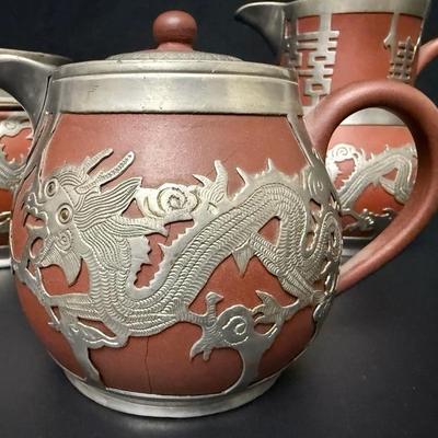 Antique Chinese Yixing Teapot Set of 4 - Unglazed Stoneware & Pewter Dragons
