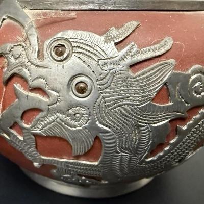 Antique Chinese Yixing Teapot Set of 4 - Unglazed Stoneware & Pewter Dragons