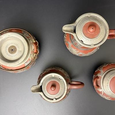 Antique Chinese Yixing Teapot Set of 4 - Unglazed Stoneware & Pewter Dragons