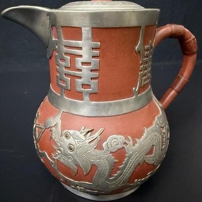 Antique Chinese Yixing Teapot Set of 4 - Unglazed Stoneware & Pewter Dragons