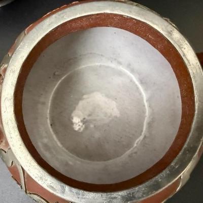 Antique Chinese Yixing Teapot Set of 4 - Unglazed Stoneware & Pewter Dragons