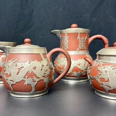 Antique Chinese Yixing Teapot Set of 4 - Unglazed Stoneware & Pewter Dragons