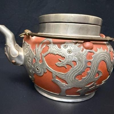 Antique Chinese Yixing Teapot Set of 4 - Unglazed Stoneware & Pewter Dragons