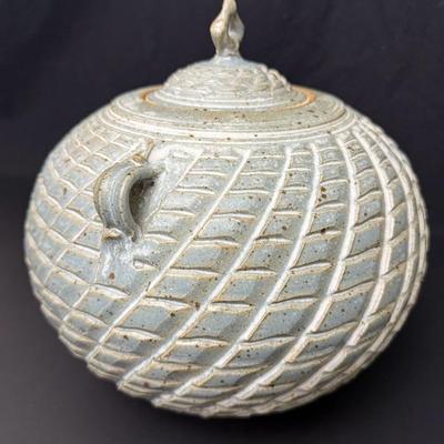10” Tall Blue Gray Pottery Jar with Lid