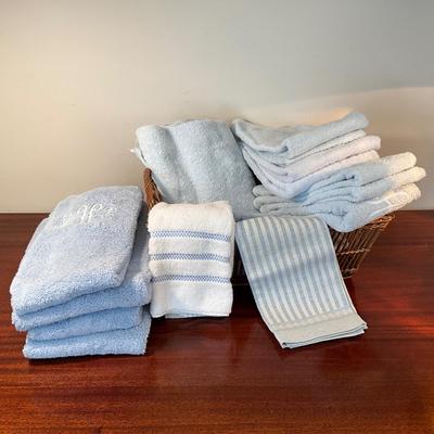 1042 LOT of Blue Monogramed Towels w/Basket