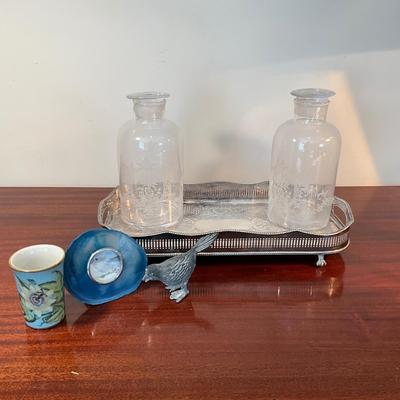 1044 Pair of Glass Etched Decorative Bottles/Silver Plated Tray & Assessors