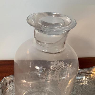 1044 Pair of Glass Etched Decorative Bottles/Silver Plated Tray & Assessors