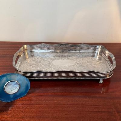 1044 Pair of Glass Etched Decorative Bottles/Silver Plated Tray & Assessors