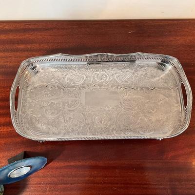 1044 Pair of Glass Etched Decorative Bottles/Silver Plated Tray & Assessors