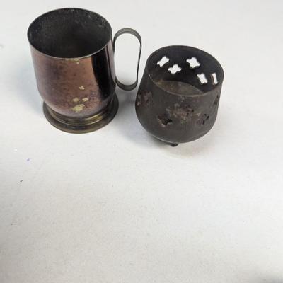 Small Copper Mug - Brass Candle Holder - Small Vintage Kashmir India Trinket Box Jewelry Hand Made Original