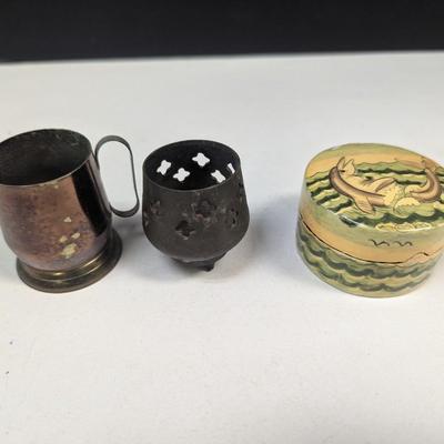 Small Copper Mug - Brass Candle Holder - Small Vintage Kashmir India Trinket Box Jewelry Hand Made Original
