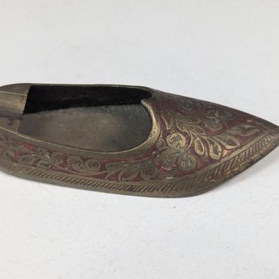 Vintage Lighter & Old Brass Ashtray Shoe Shape Inlay Engraved Handcrafted