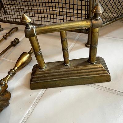 L1078 Antique Small Brass Fire Screen & Fire Dogs with Brass Tools