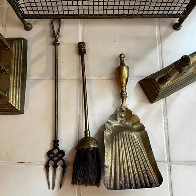 L1078 Antique Small Brass Fire Screen & Fire Dogs with Brass Tools
