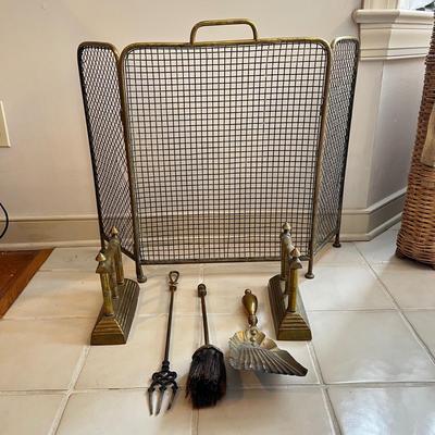 L1078 Antique Small Brass Fire Screen & Fire Dogs with Brass Tools