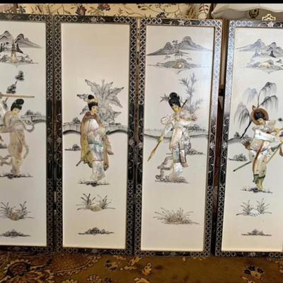 Set of 4 Vintage Mother-of-Pearl Lacquer Wall Panels (Made in Macau)