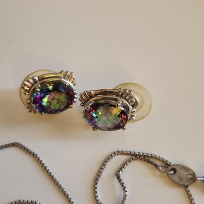 Sale Photo Thumbnail #20: This auction lot is for a set of Sterling Silver & Mystic Topaz Necklace and Earrings.  The necklace is about 18-inches long. The Mystic Topaz stones are clear and brilliant with the usual Aurora Borealis effect the stones have. All are marked 925.  What 