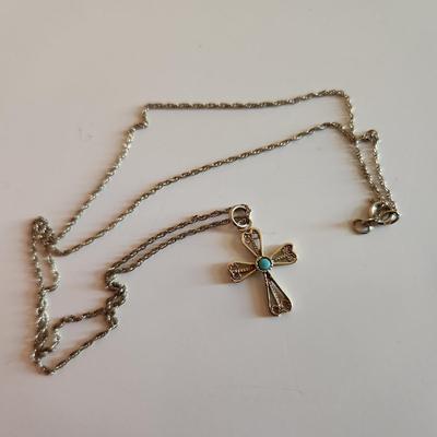 Sale Photo Thumbnail #29: This auction lot is for Four Sterling Silver Necklaces. Three necklace are marked 925.  There is a 16-inch necklace with a large cut glass stone, another 14-inch necklace with a pendant of silver overlay on jade stone, a very delicate 17-inch chain with a