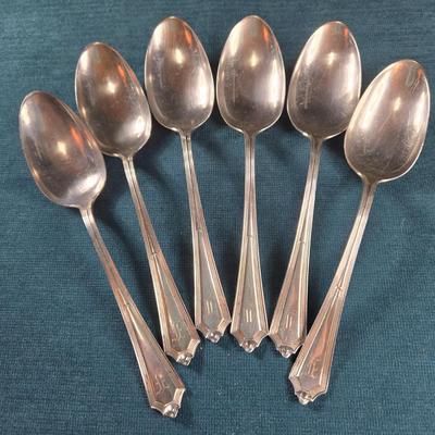Sale Photo Thumbnail #54: This auction lot is for a Set of 6 Sterling Silver Soup Spoons. These spoons are pattern 1911 Plymouth by Gorham. They have a monogram of what we believe to be an F on the handles but it is very decorative - and  it is hard to discern. They are in very go