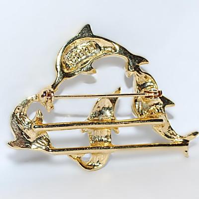 Beautiful Green & Blue Enamel DOLPHINS BROOCH (2" x 1¼") - Marked "48809" and with Gold Tone Setting