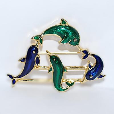 Beautiful Green & Blue Enamel DOLPHINS BROOCH (2" x 1¼") - Marked "48809" and with Gold Tone Setting