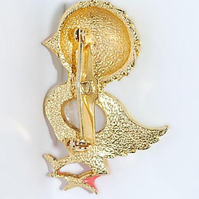 Yellow Green-Eyed CHICK BROOCH (1¾" x 1") with Oval Faux Pearl Button Accent and Orange Feet and Beak