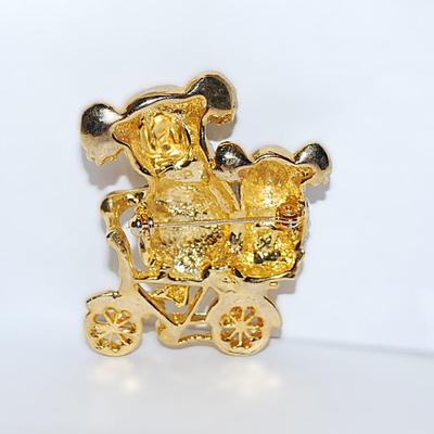 Mom & Baby KOALA BEARS BROOCH (1¾" x 1½") with Bejeweled Bodies, Green Eyes and Riding a Gold Tone BICYCLE