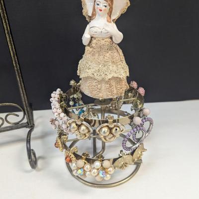 Metal Jewelry Stand & Vintage Porcelain & Lace Lady Earring Tree w/ Costume Earrings