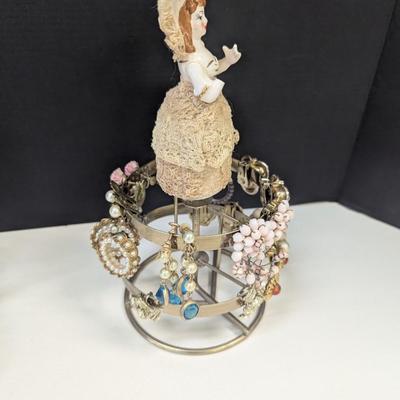 Metal Jewelry Stand & Vintage Porcelain & Lace Lady Earring Tree w/ Costume Earrings