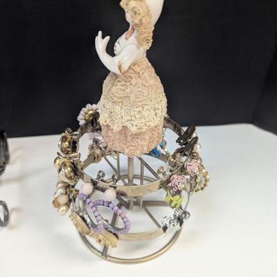 Metal Jewelry Stand & Vintage Porcelain & Lace Lady Earring Tree w/ Costume Earrings