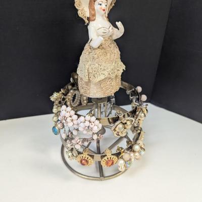 Metal Jewelry Stand & Vintage Porcelain & Lace Lady Earring Tree w/ Costume Earrings