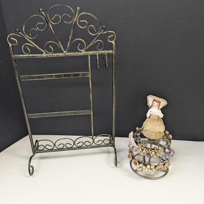 Metal Jewelry Stand & Vintage Porcelain & Lace Lady Earring Tree w/ Costume Earrings