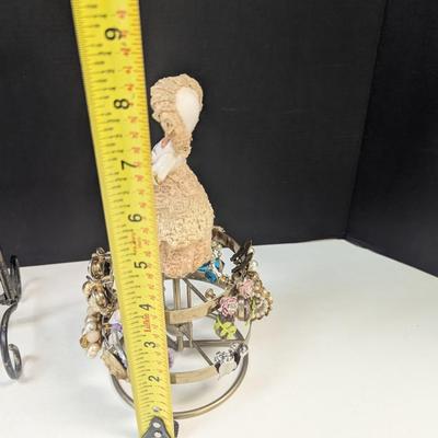 Metal Jewelry Stand & Vintage Porcelain & Lace Lady Earring Tree w/ Costume Earrings
